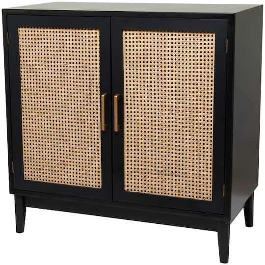 36&#x22; Black Cabinet with Cane Front Doors &#x26; Gold Handles